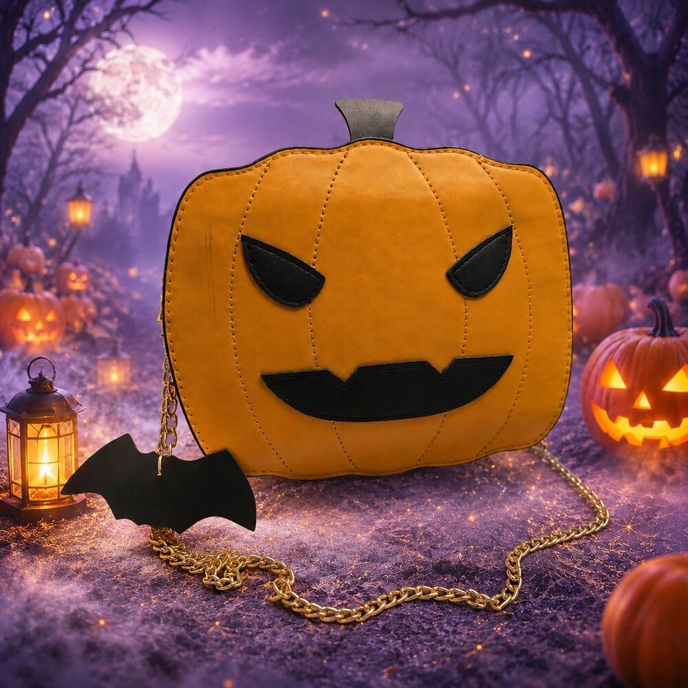Orange Jack O Lantern Pumpkin Crossbody Purse Bat Charm Gold Chain Halloween